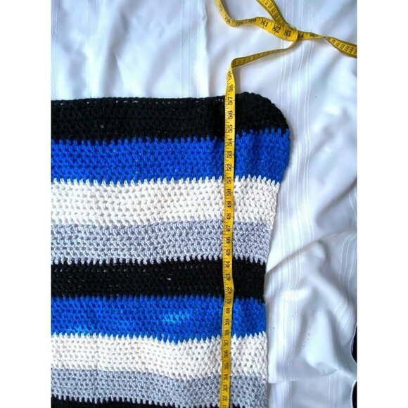 Vintage 70s Hand Crocheted Afghan Lap Throw Baby Blanket Blue Striped 80s‎ Boho - Picture 8 of 9